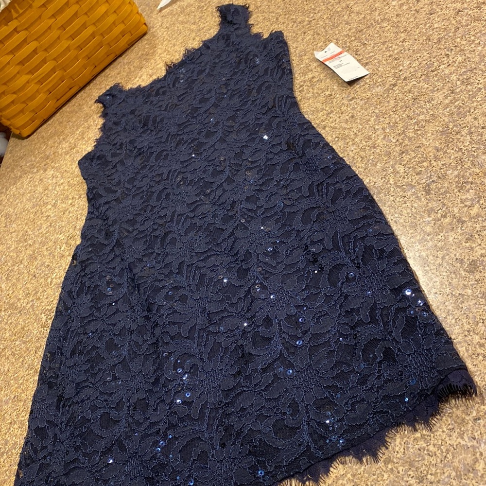 NWT Jump Apparel Navy Blue Made in USA Sequins Lace Mini Dress Juniors Medium